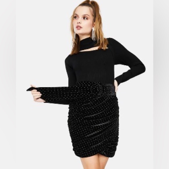 For Love and Lemons Dolls Kill Margot Black Velvet Gold Stud Ruched Mini Skirt - Picture 4 of 16